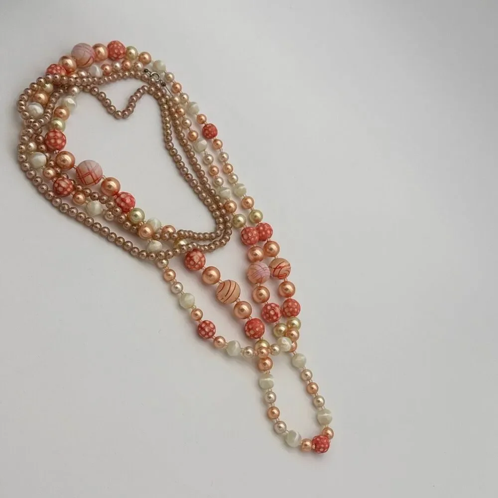 Vintage 1950s Art Glass Pearl Necklace Set 34” C Clasp &‎ 25” Layered Coral Pink